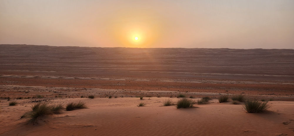 Sunset over the red sand desert.