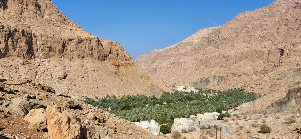 Wadi Tiwi oasis in contrast to the arid mountains.